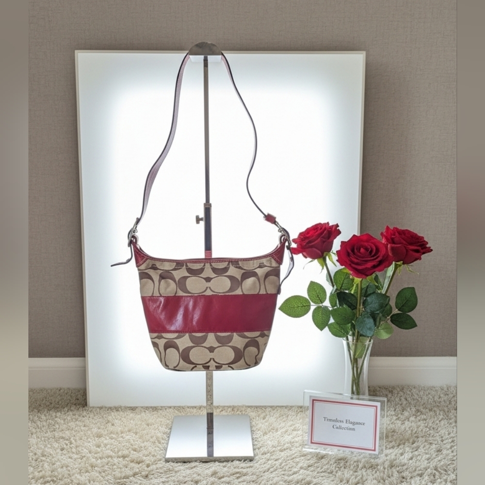 Coach Signature Canvas Shoulder Bag with Red Leather Accent